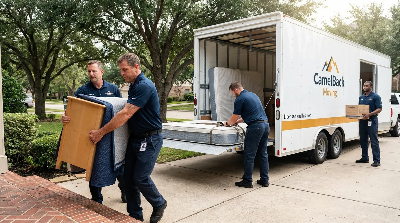 Crew loading residential truck for cross-state move from Cottonwood, CA