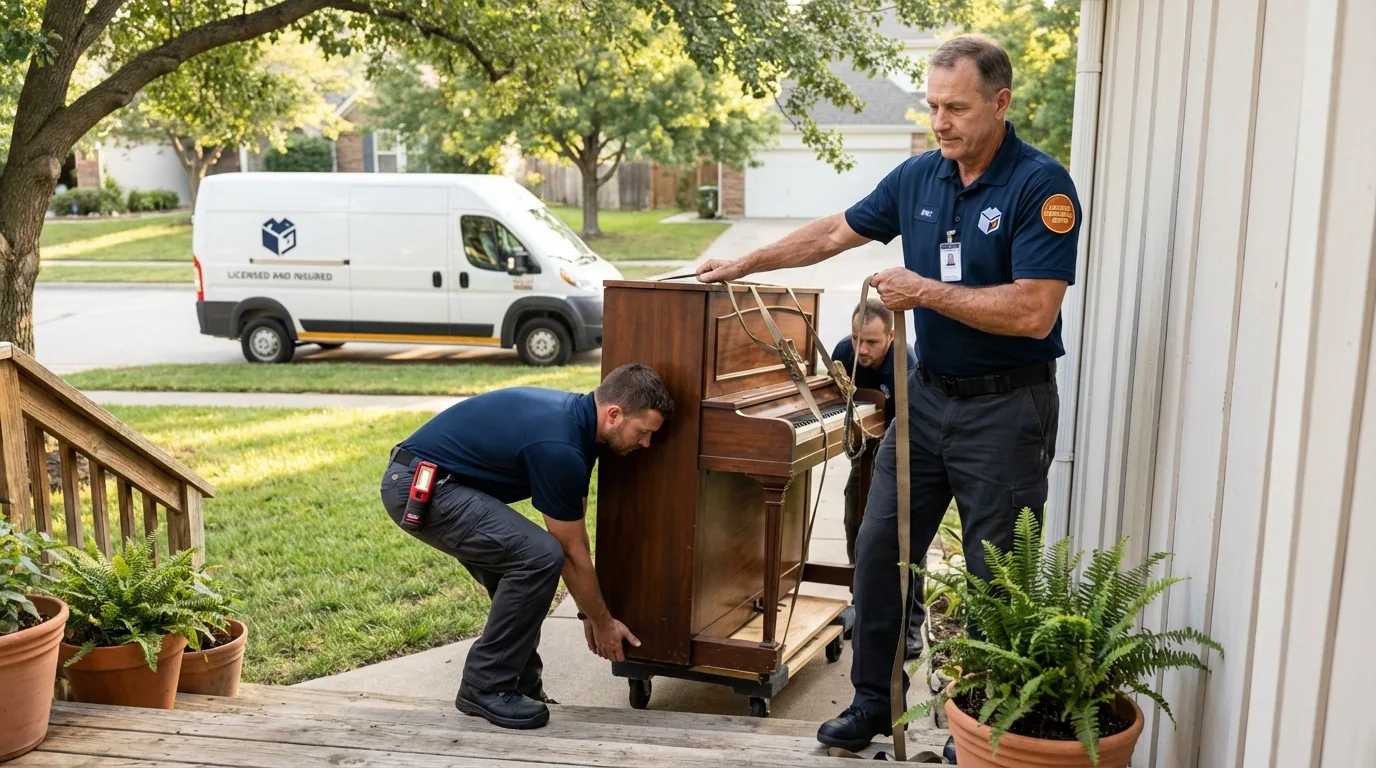 Licensed piano movers securing grand piano in Cottonwood, CA