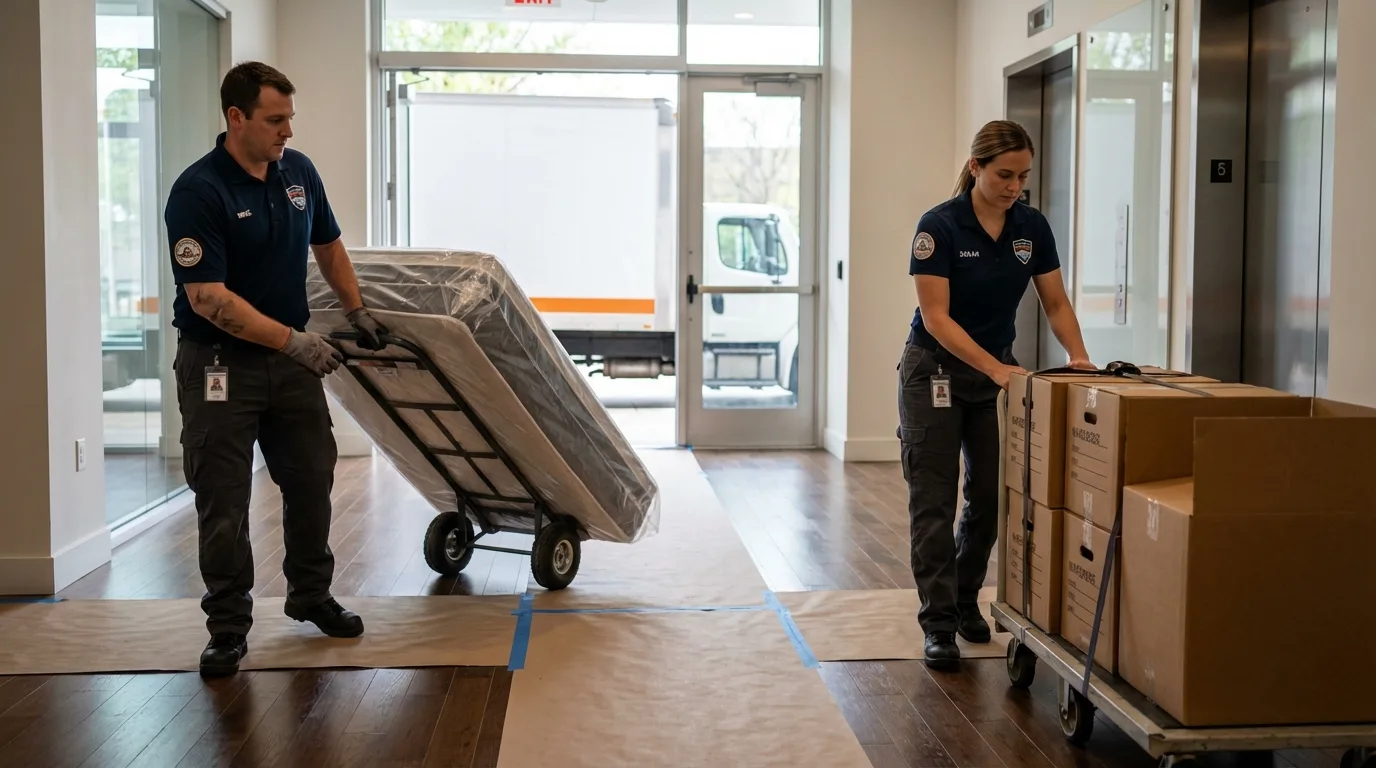 Professional apartment movers loading elevator in Cottonwood, CA