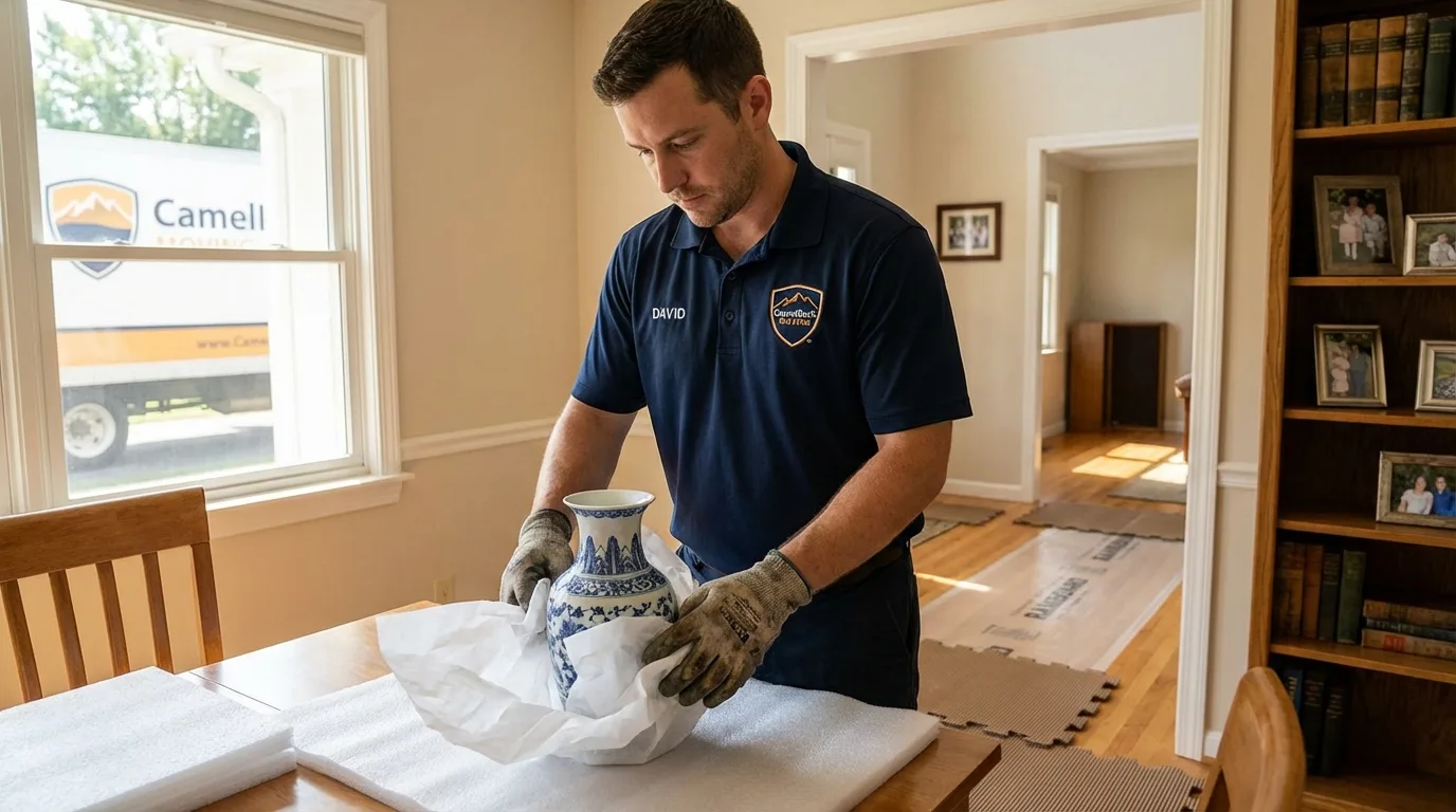 Professional crew carefully wrapping antique vase for senior downsizing move in Cottonwood, CA